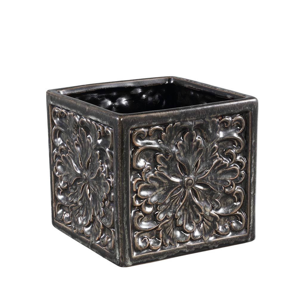 Lilia Grey glazed ceramic flower pot square low L