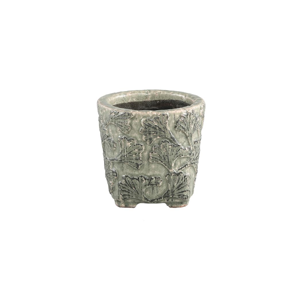 Serino Grey ceramic pot leaves pattern round low X