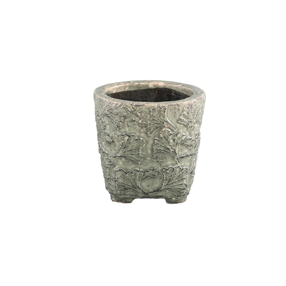 Serino Grey ceramic pot leaves pattern round low X