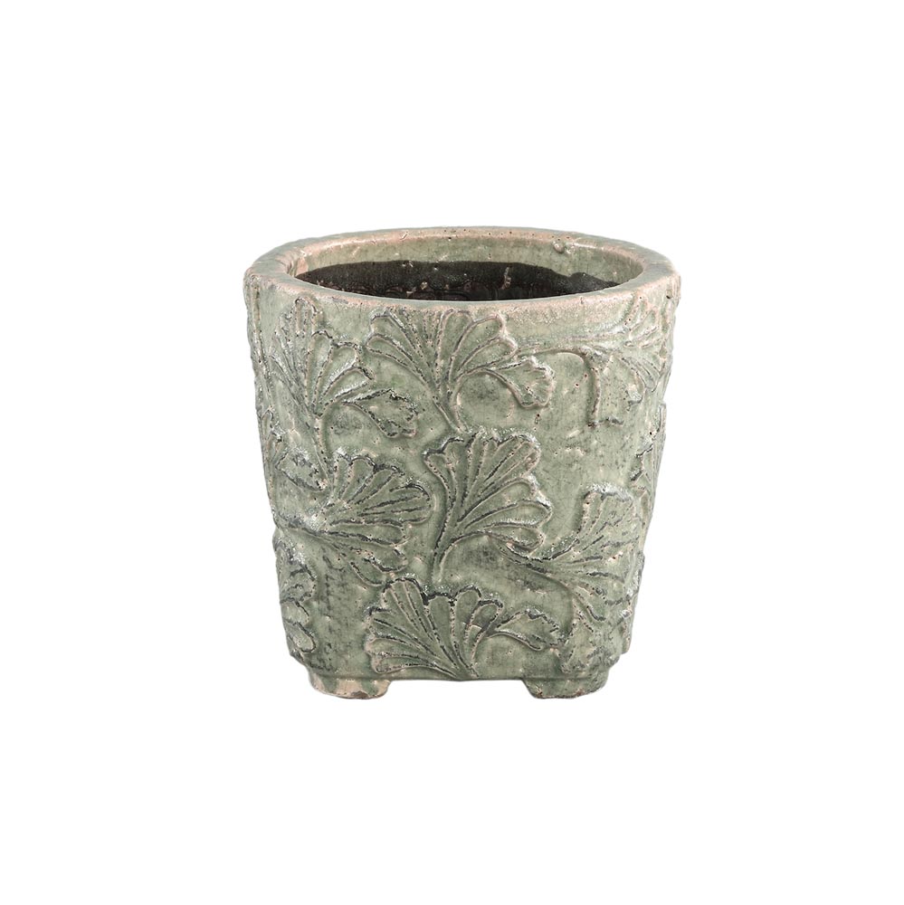 Serino Grey ceramic pot leaves pattern round low M